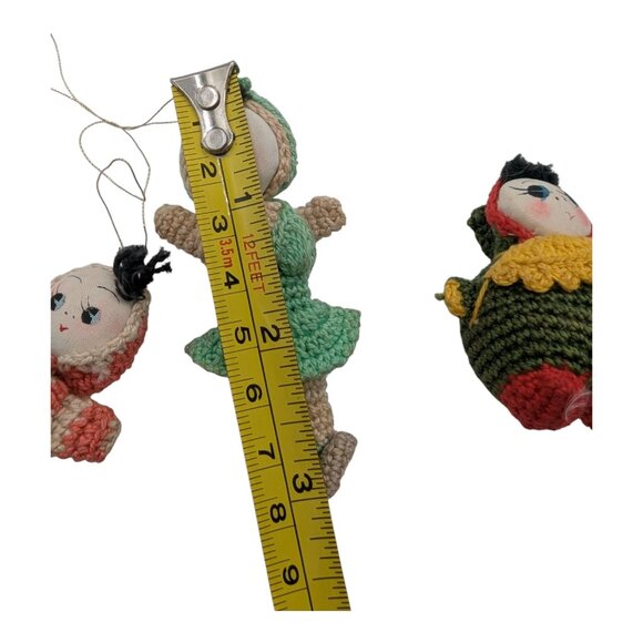 Three Vintage 1950s Mini Japanese Dolls 2" 2.5", 3" Crochet Ornament Amigurumi - Picture 6 of 10